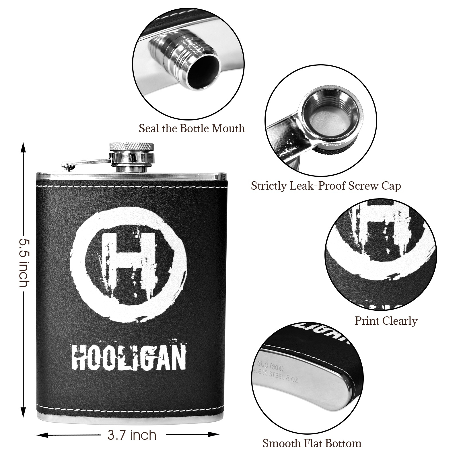 Hooligan Flask 8 oz Black Hip Flask - Image 2