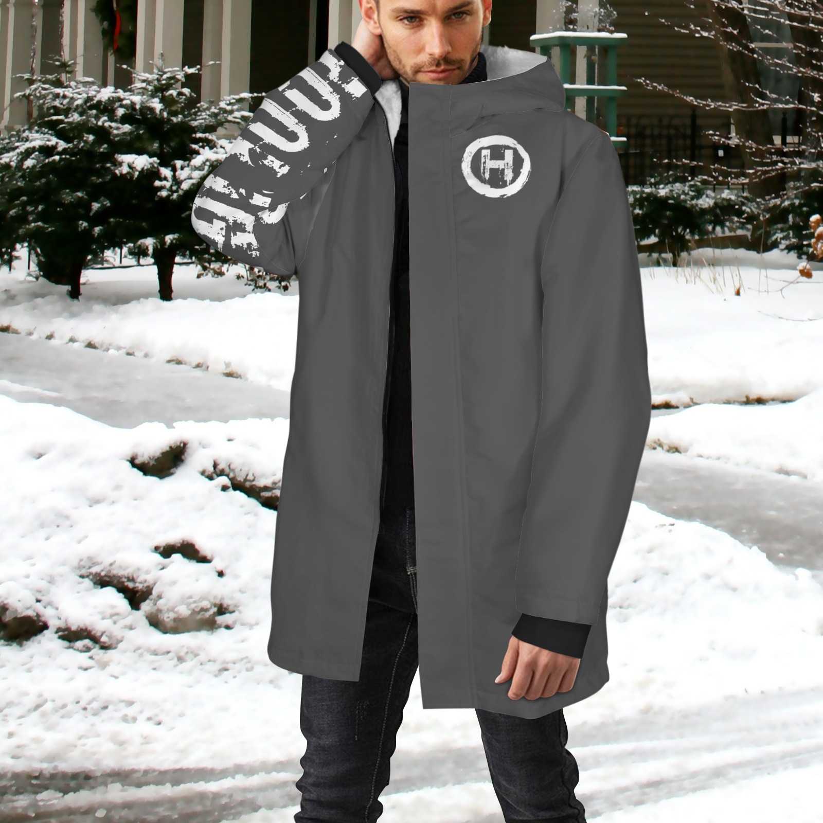 Hooligan Big Winter Coat (Grey) Men's Mid-length Fleece-lined Jacket(Model H69) - Image 2